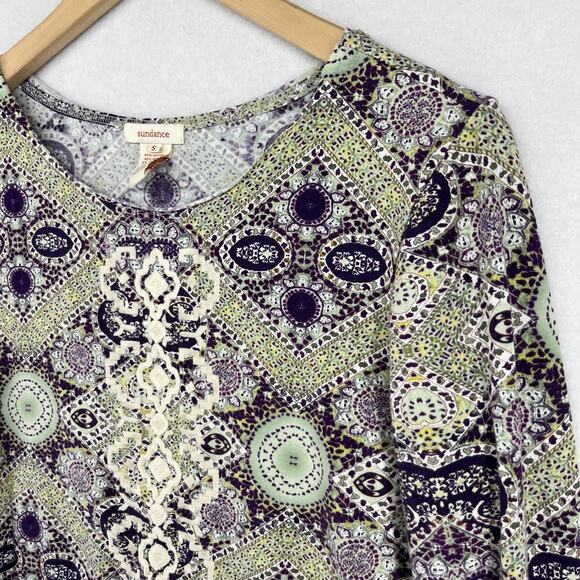 SUNDANCE Top S Boho Medallion Embroidered Cuffed Knit Trim Cotton Modal Purple - Picture 2 of 14